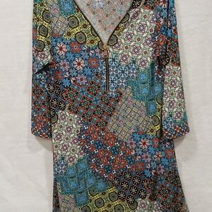 MSK Women's Size M Bohemian Shift Dress Zip Closure 3/4 Sleeve Patchwork Pattern
